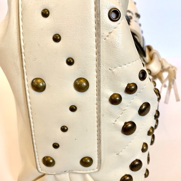 Cream Satchel with Brass Studs and Tassel Buckle Clasp - Picture 7 of 12